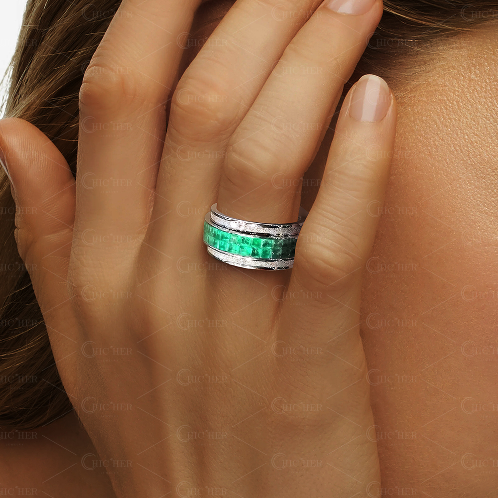 6.75ct Emerald Cut Emerald Sapphire Eternity Ring