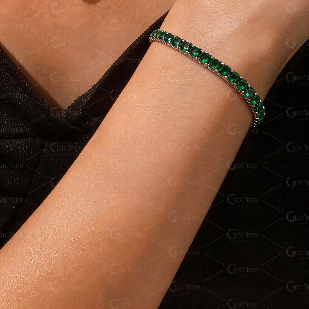 Round Cut Emerald Sapphire Tennis Chain Bracelet