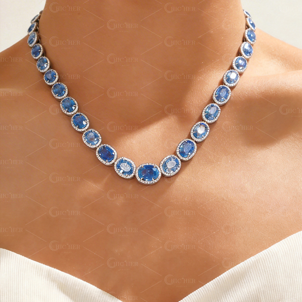 Oval Cut Blue Sapphire Necklace