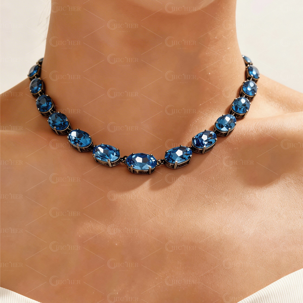 Oval Cut Aquamarine Sapphire Necklace Choker