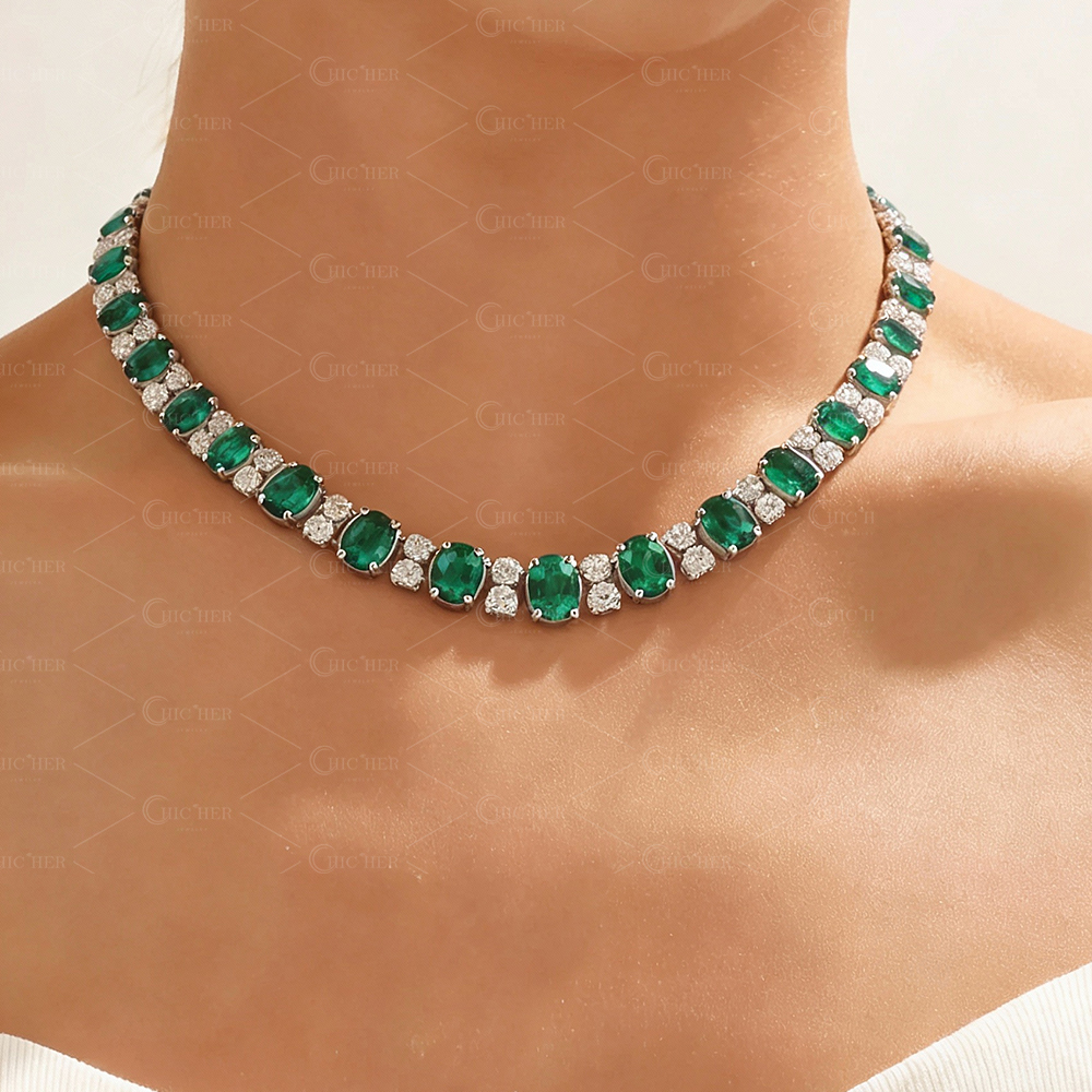 Oval Cut Emerald Sapphire Necklace