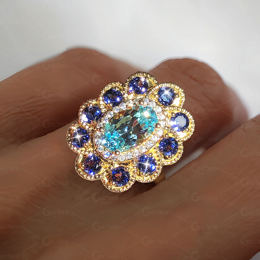 Unique 5ct Halo Oval Cut Aquamarine Sapphire Ring