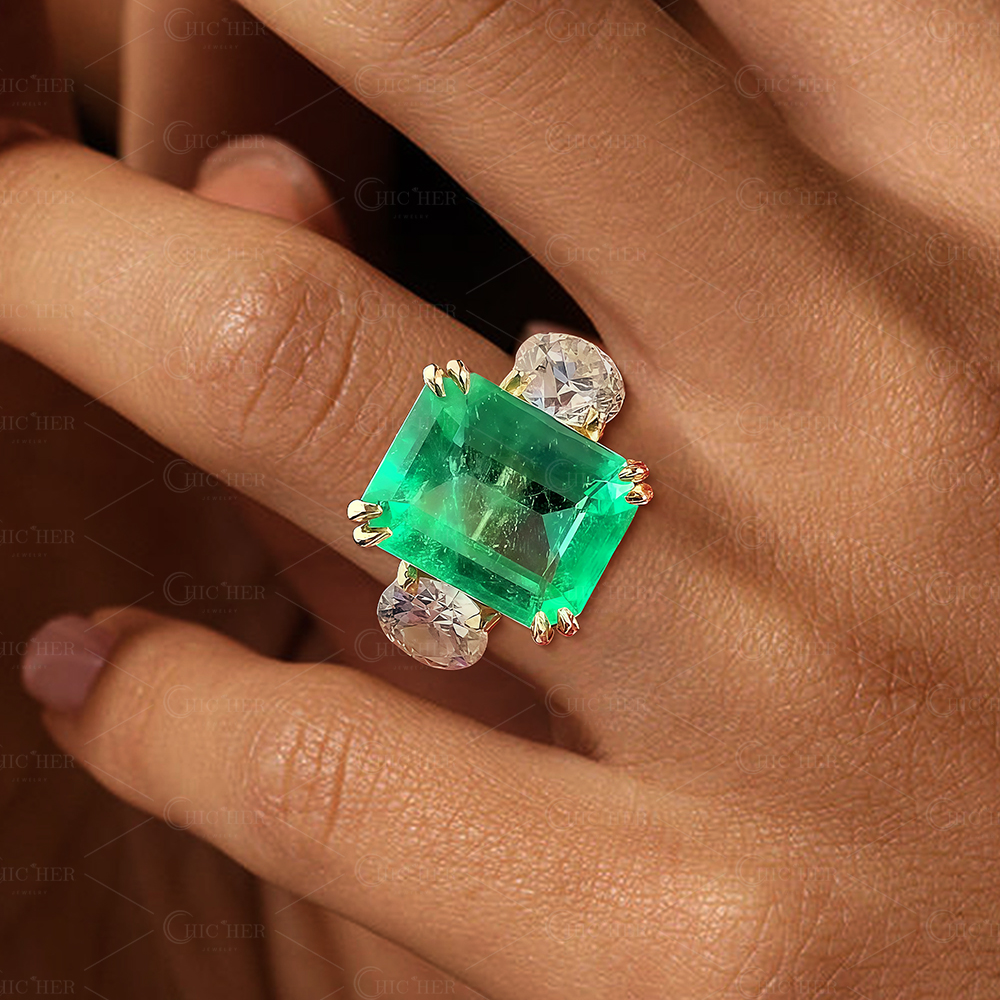 5ct Art Deco Three-stone Emerald Green Ring