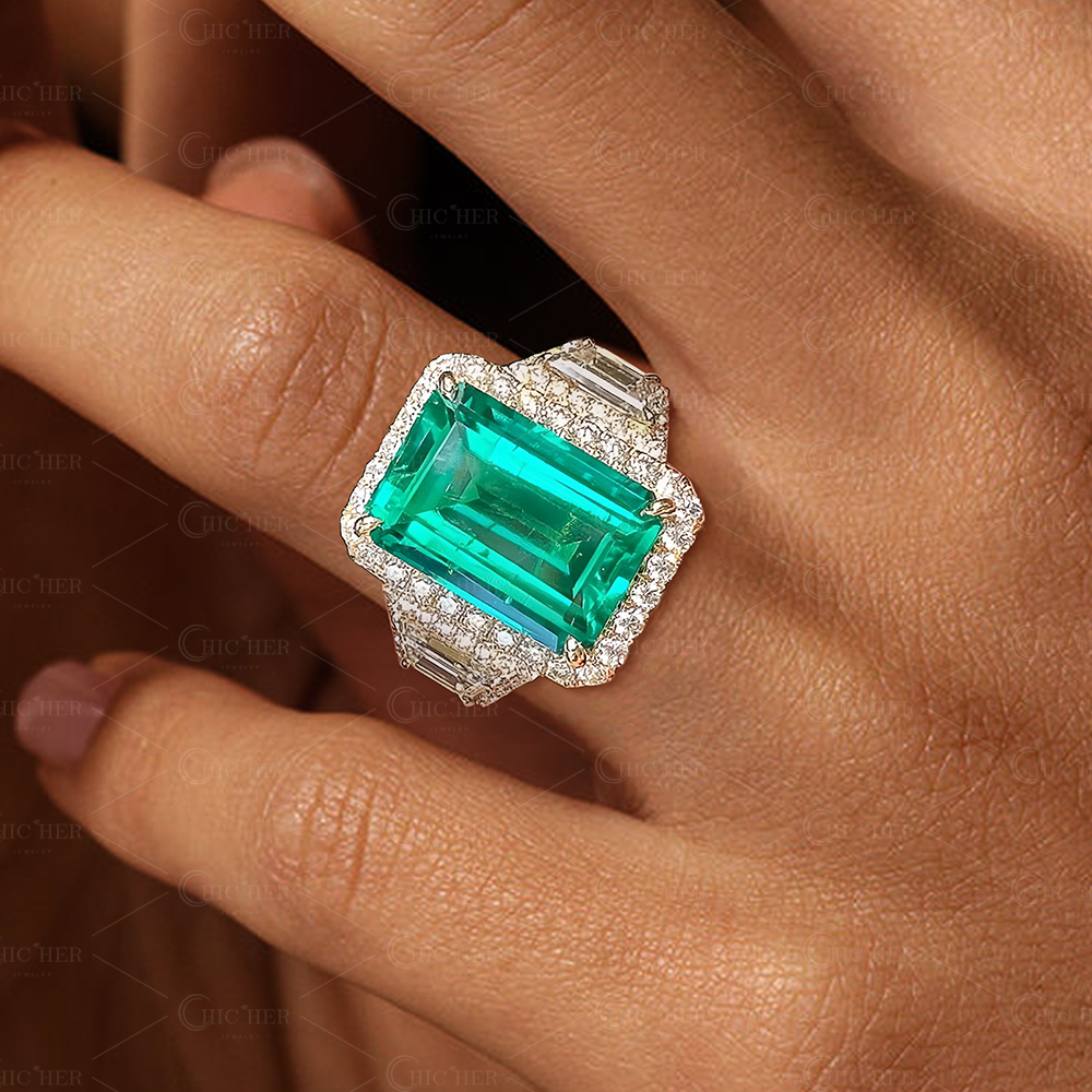 6.75ct Three-Stone Emerald Cut Emerald Sapphire Engagement Ring