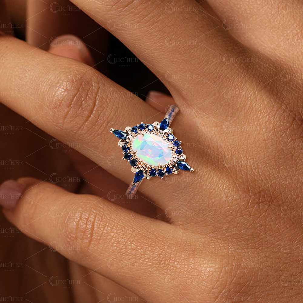 3ct Halo Oval Cut Opal&Blue Sapphire Engagement Ring