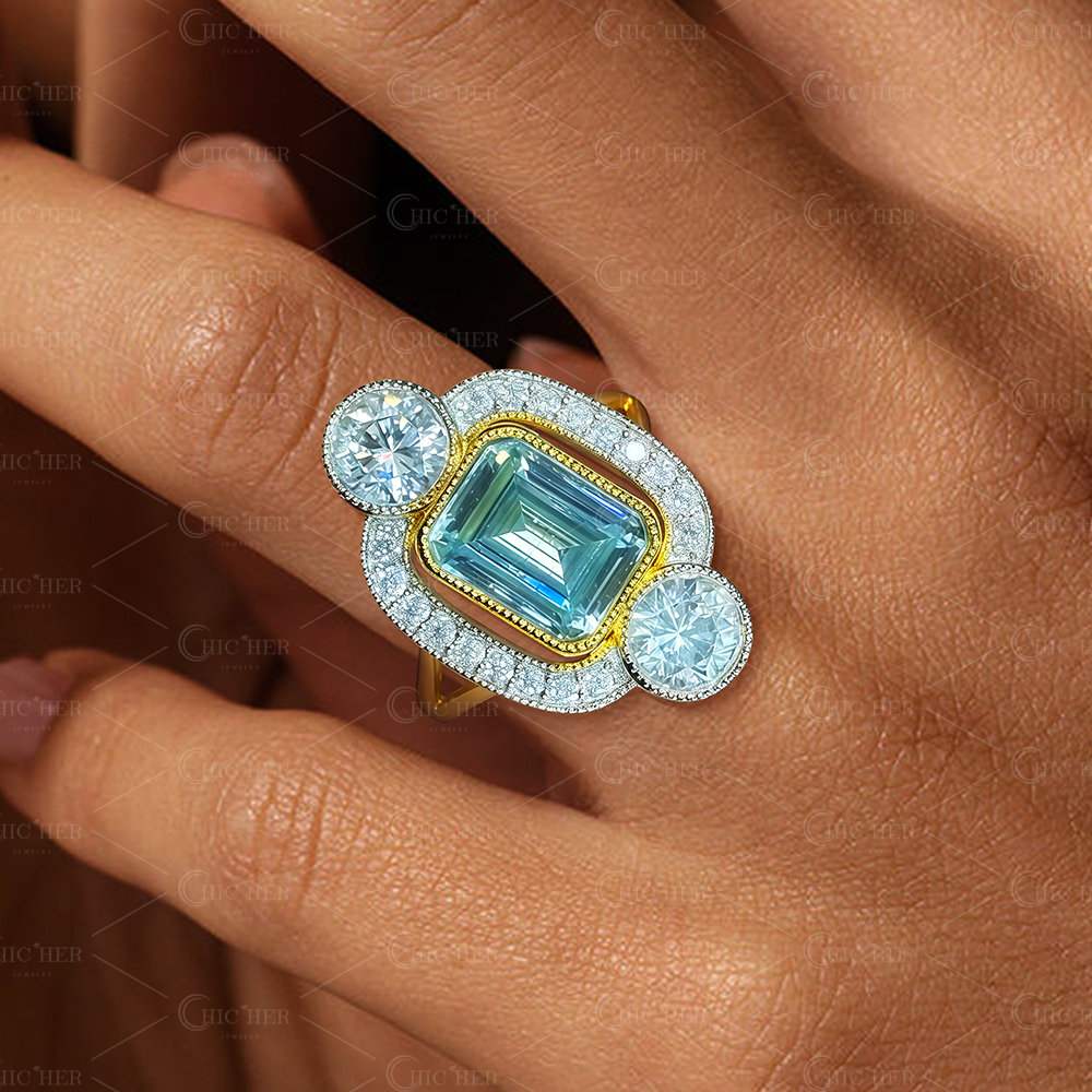 4ct Art Deco Design Emerald Cut Aquamarine Ring
