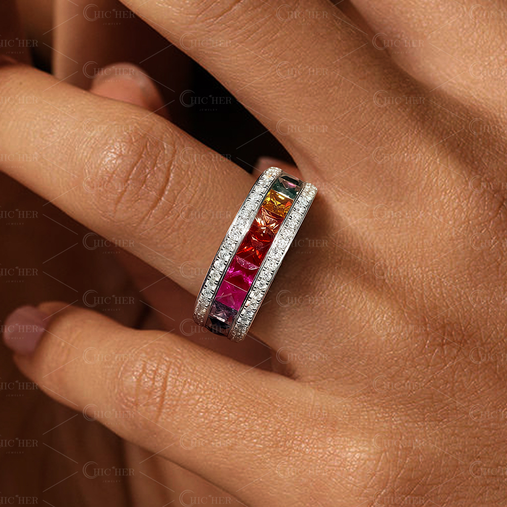3.75ct Princess Cut Rainbow Sapphire Eternity Ring