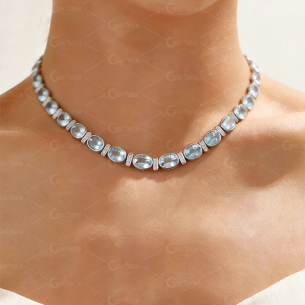 Unique Design Oval Cut Aquamarine Choker Necklace