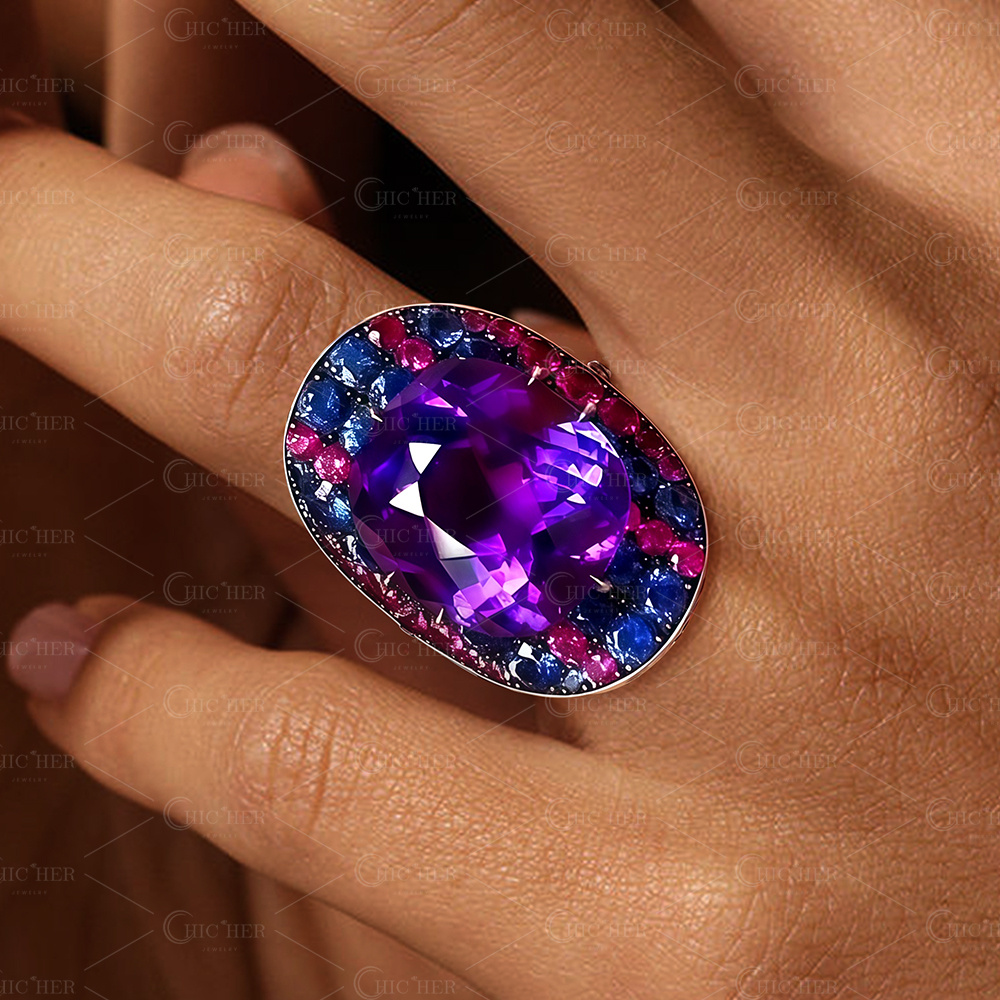 7.15ct Cushion Cut Amethyst Sapphire Cocktail Ring