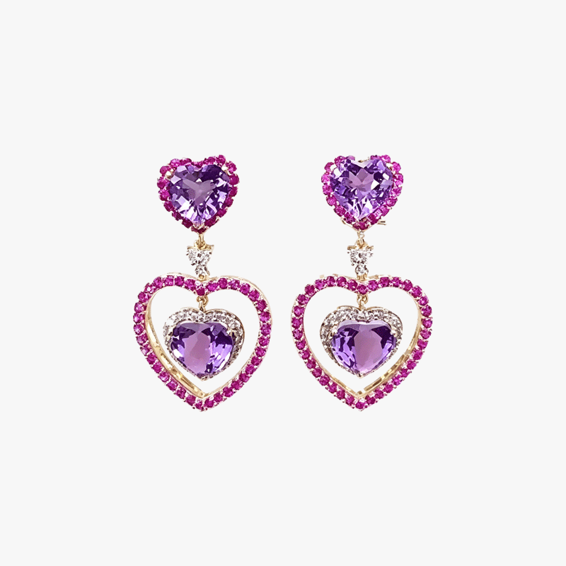 Heart Cut Amethyst Sapphire Drop Earrings