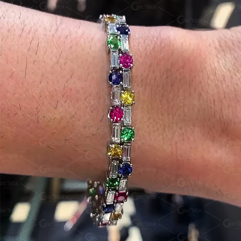 Round&Baguette Cut Rainbow Sapphire Bracelet