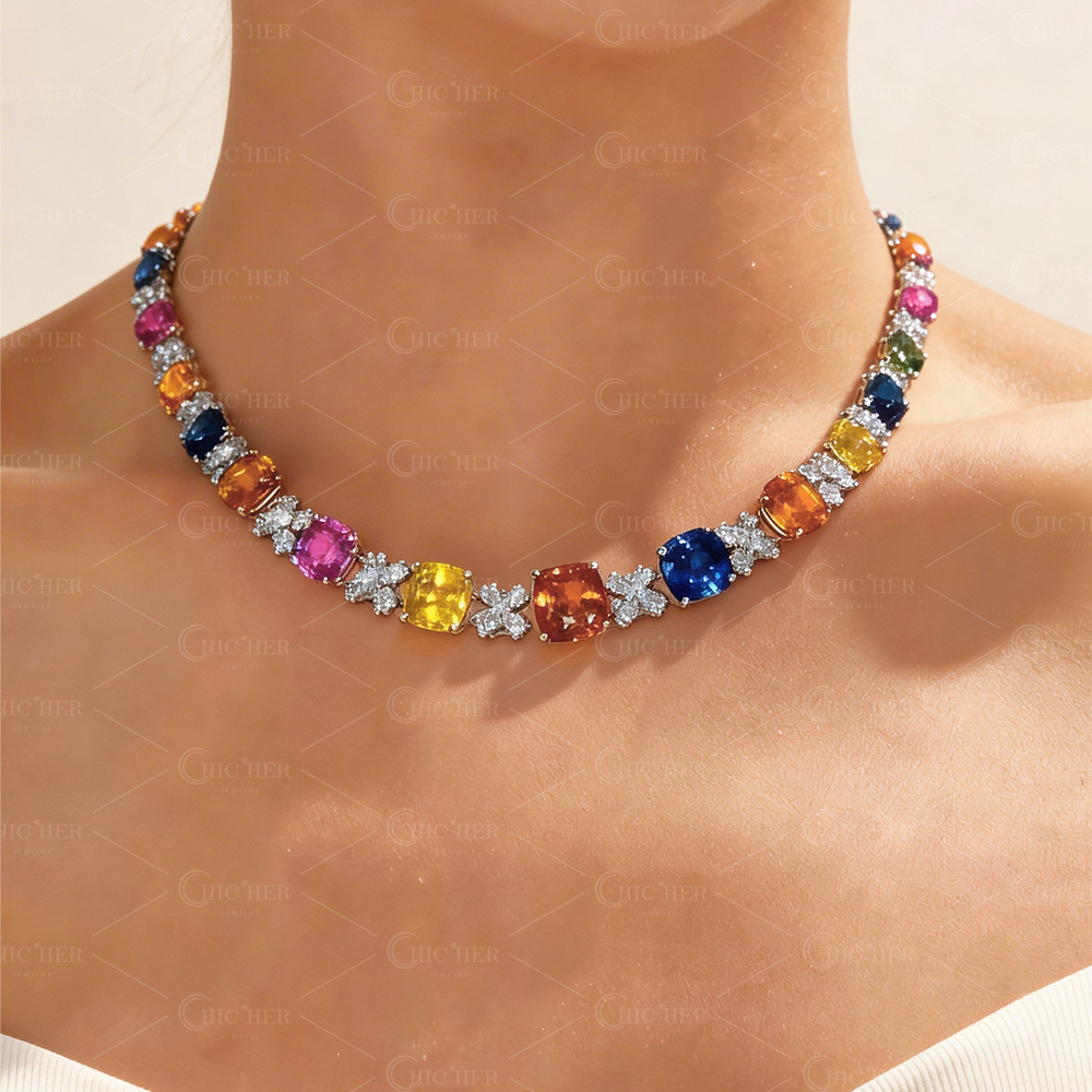 Cushion Cut Rainbow Sapphire Necklace
