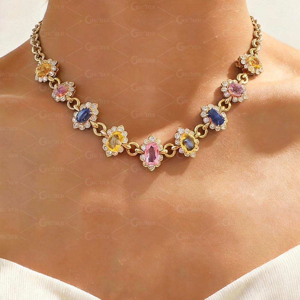 Oval Cut Rainbow Sapphire Necklace