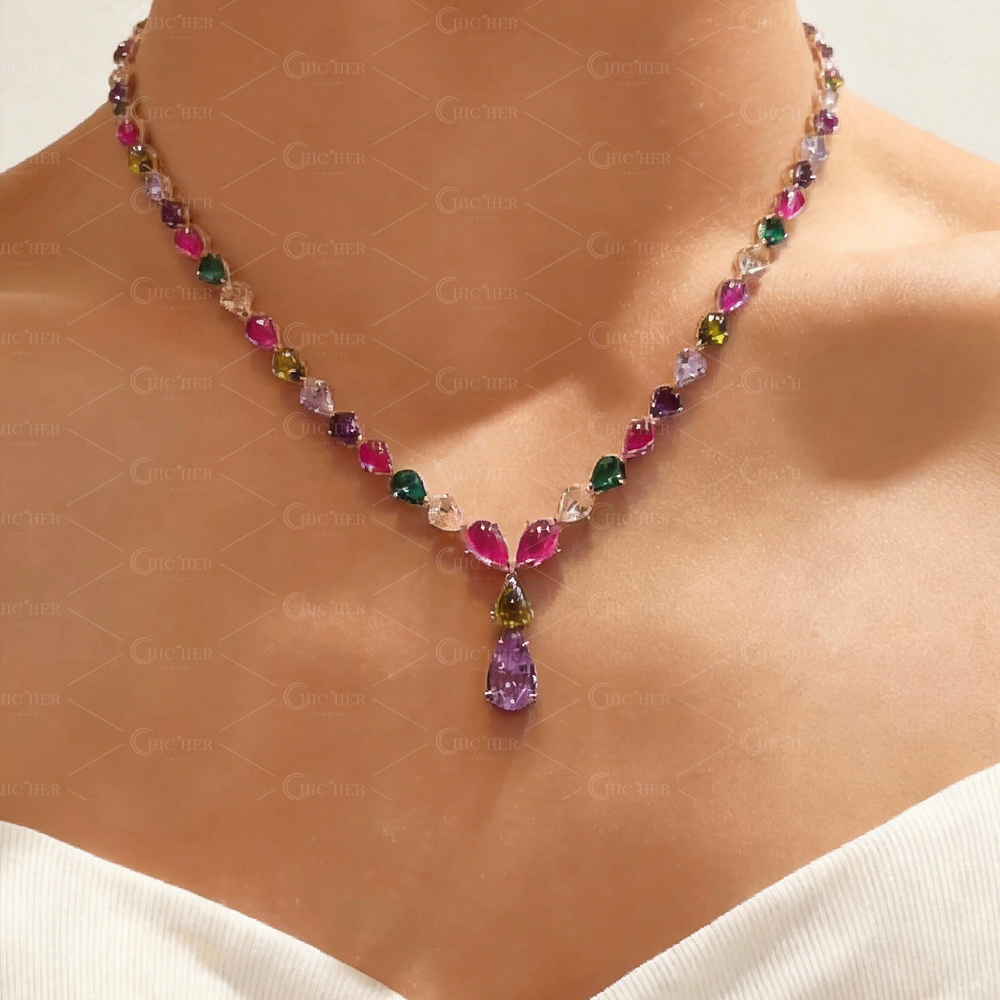 Pear Rainbow Sapphire Necklace Choker