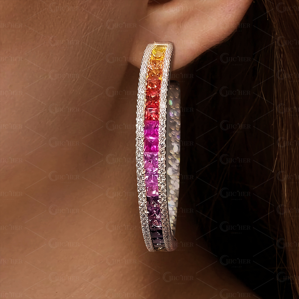 Princess Cut Rainbow Sapphire Hoop Earrings