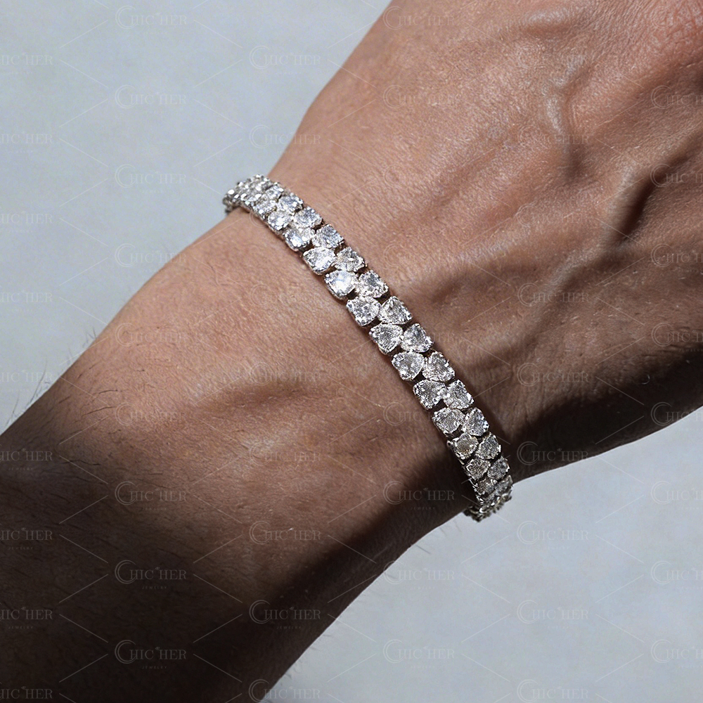 Double Heart Cut White Sapphire Men's Tennis Bracelet