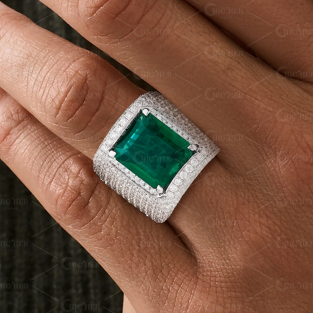 4ct Emerald Cut Pave-setting Men's Wide Ring