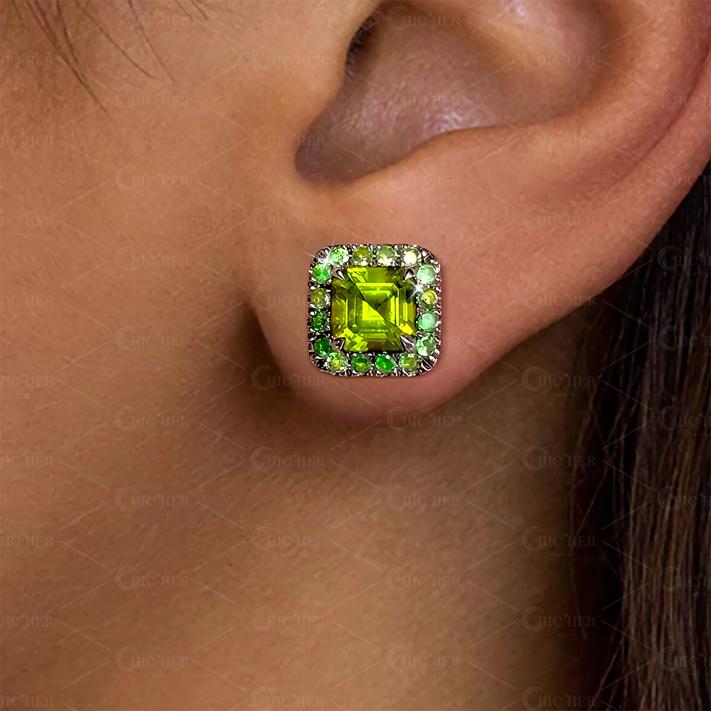 Asscher Cut Peridot Sapphire Stud Earrings
