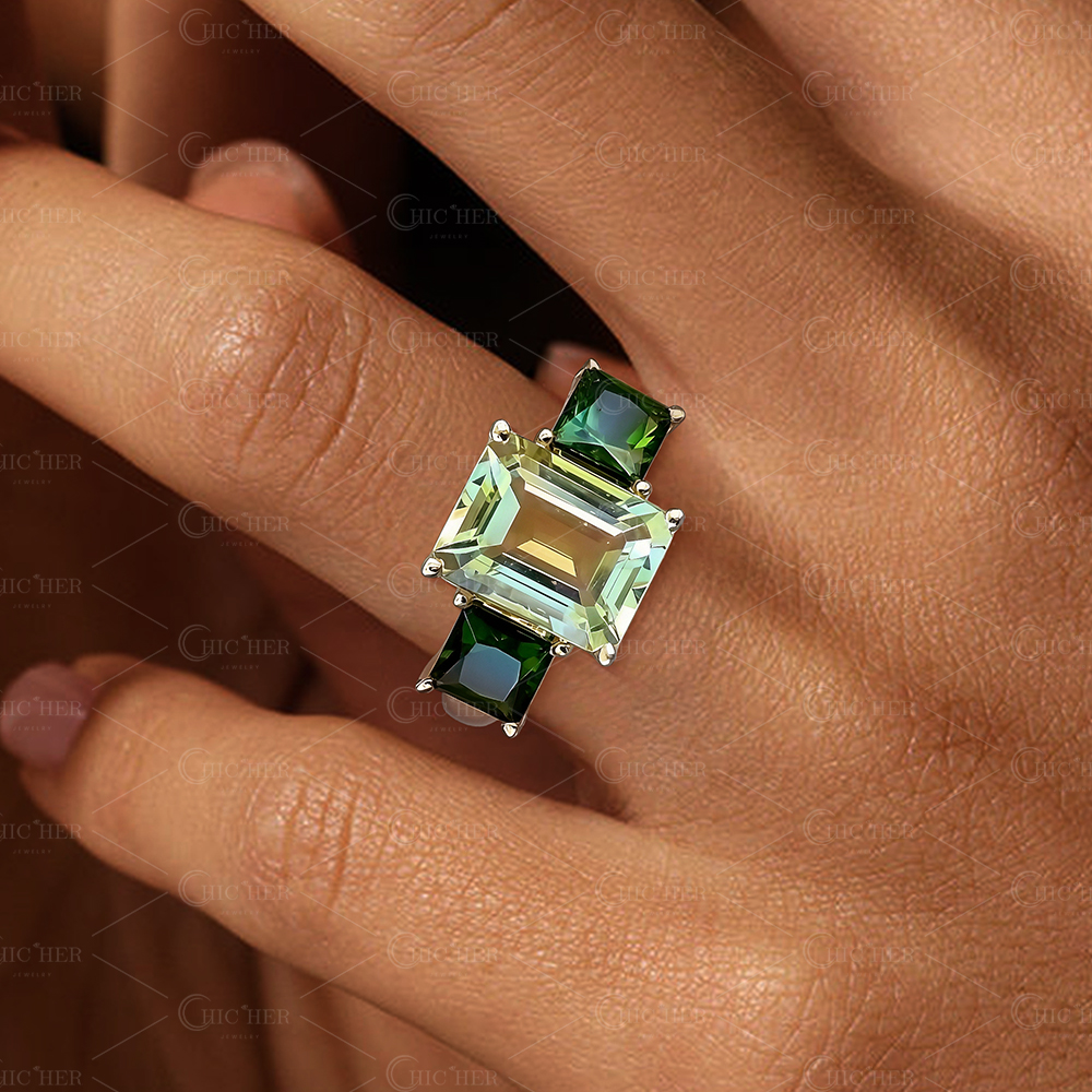 6ct Three-Stone Emerald Cut Green Sapphire Engagement Ring