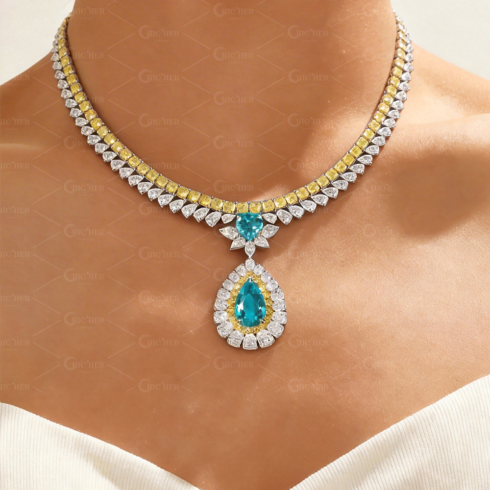 Two-tone Pear Cut Lab-created Sapphire Pendant Necklace