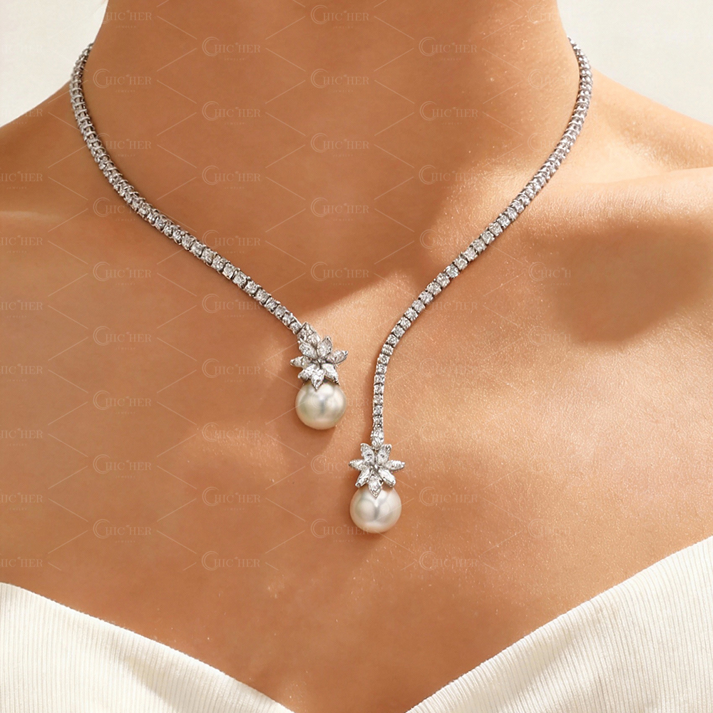 Open Design Marquise Cut White Sapphire Pendant Necklace With Pearl