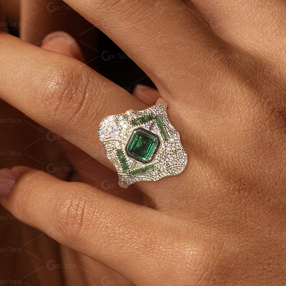 3ct Art Deco Asscher Cut Emerald Sapphire Engagement Ring