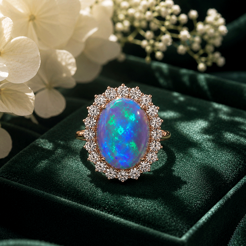 7ct Halo Oval Cut Black Opal Sapphire Engagement Ring