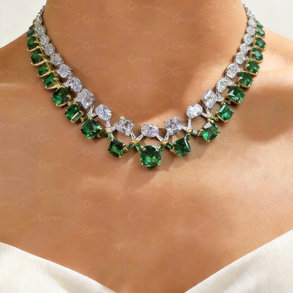Multi-cut Emerald&White Sapphire Necklace