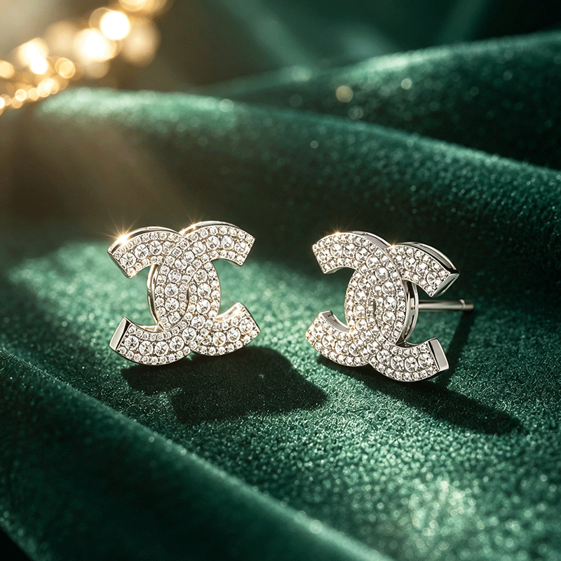 Double C Design White Diamond Micro Pave Stud Earrings