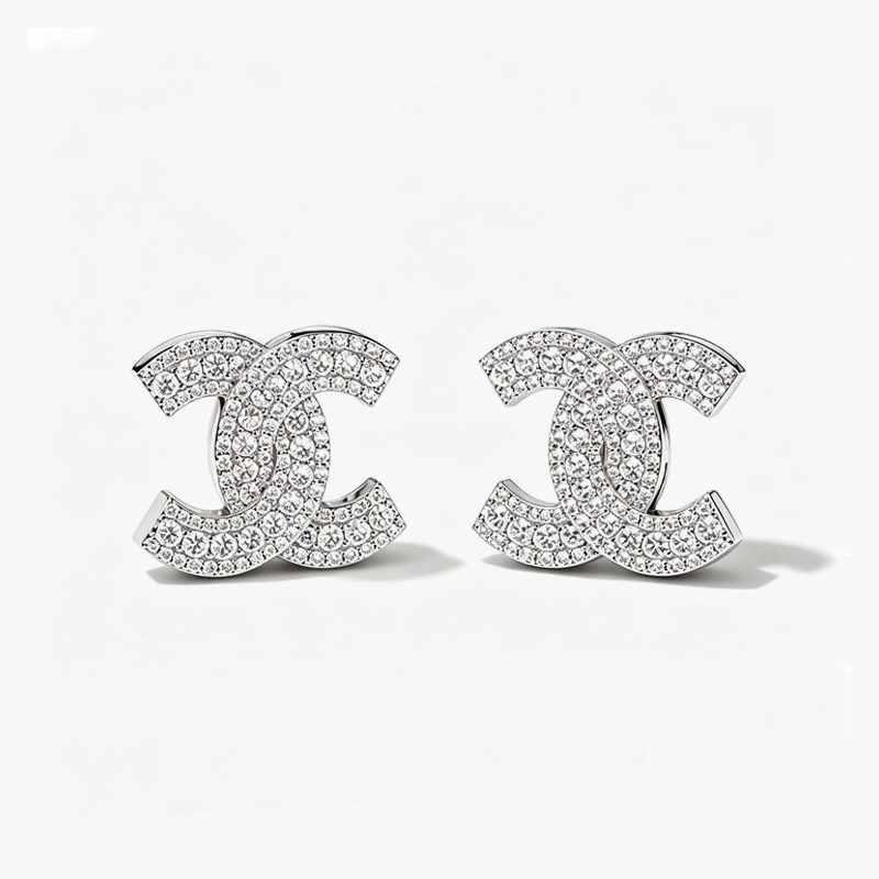 Double C Design White Diamond Micro Pave Stud Earrings