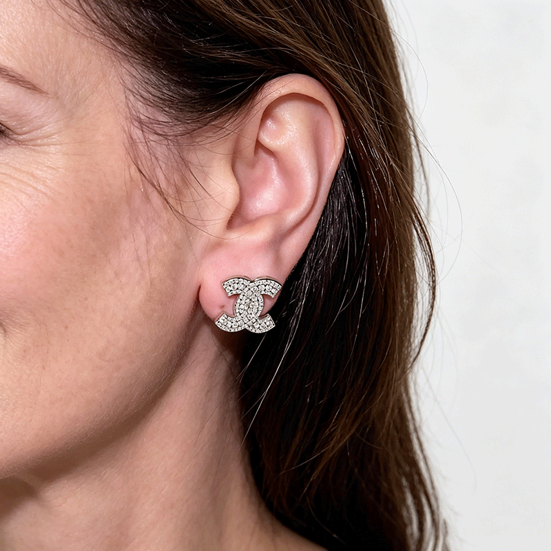 Double C Design White Diamond Micro Pave Stud Earrings