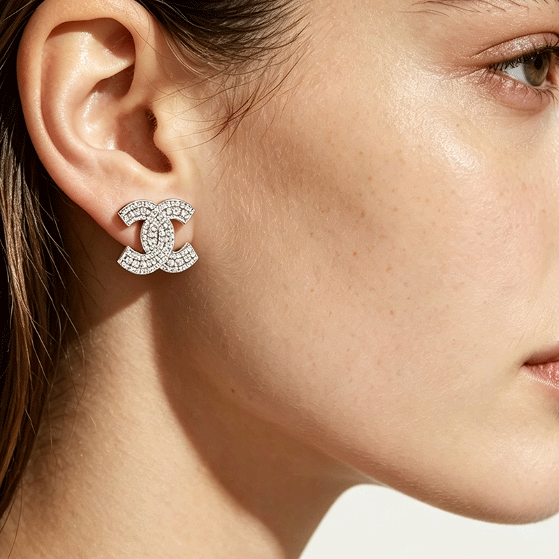 Double C Design White Diamond Micro Pave Stud Earrings