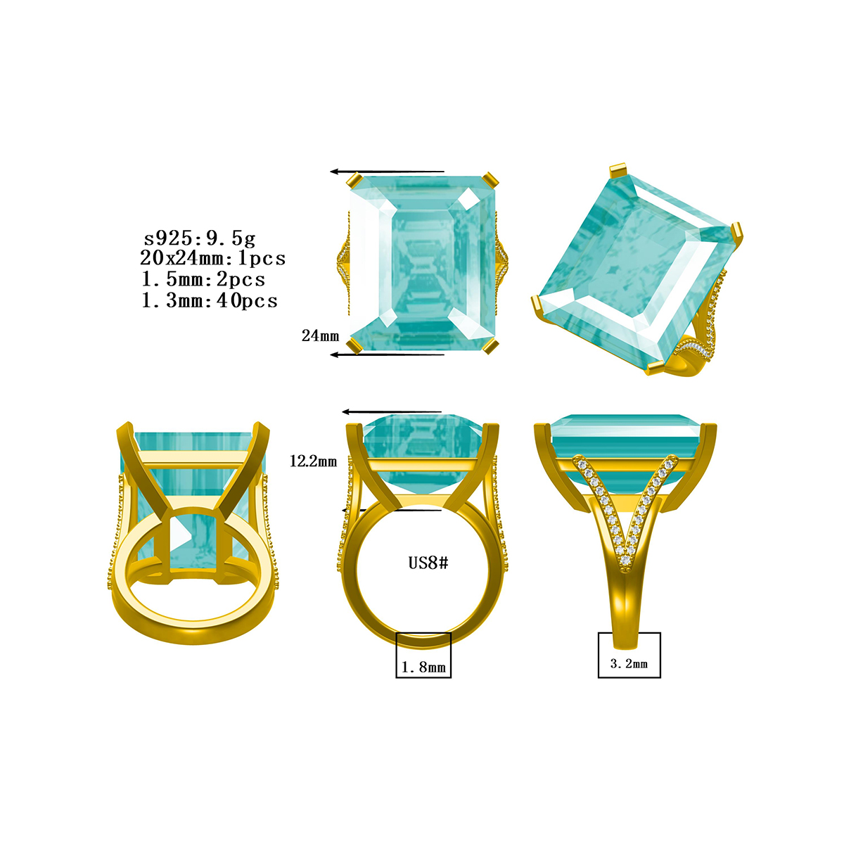 Vintage 8ct Emerald Cut Aquamarine Sapphire Cocktail Ring