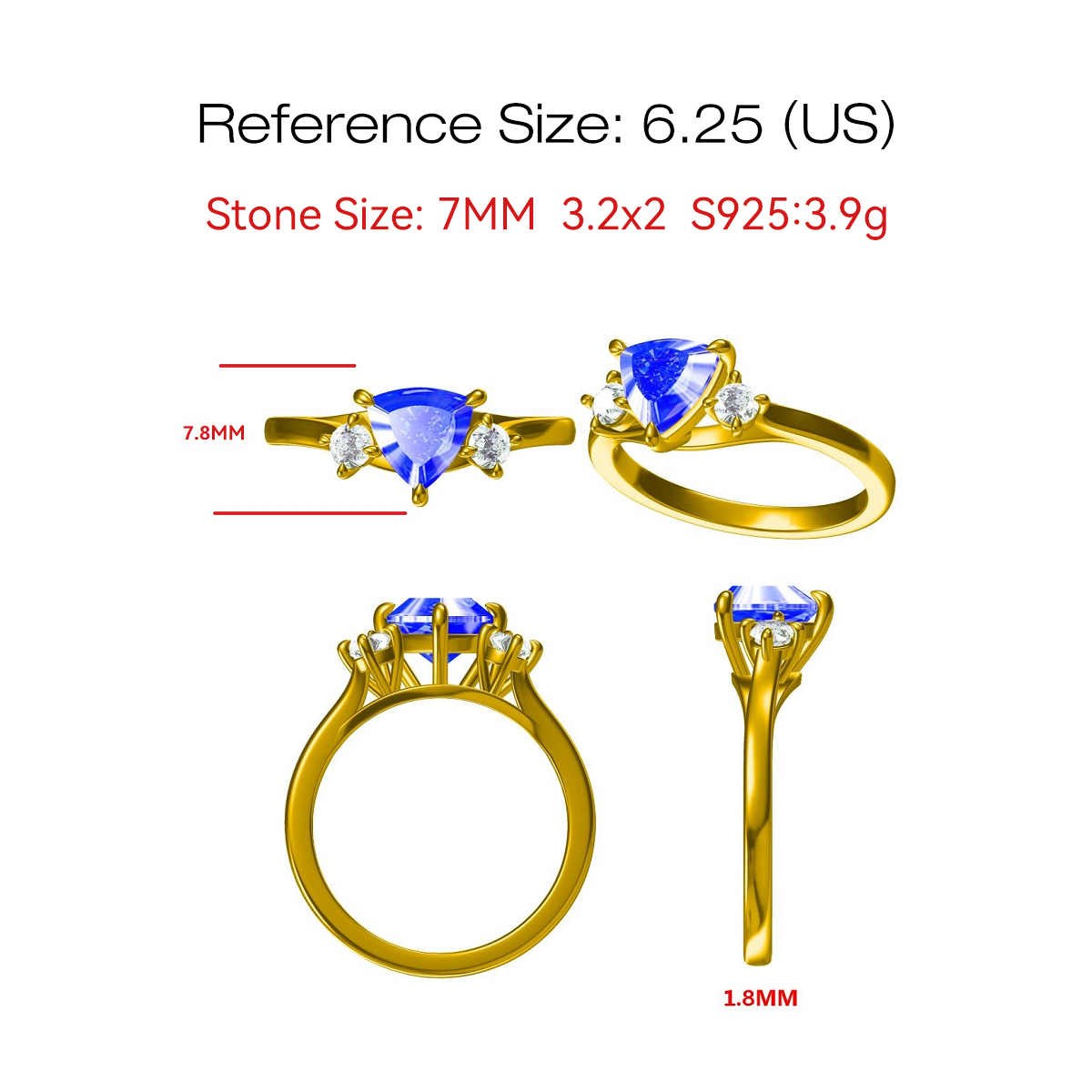 Three Stone 3ct Triangle Cut Tanzanite Sapphire Engagement Ring