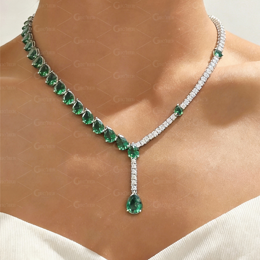 Two Tone Emerald&White Sapphire Lariat Necklace