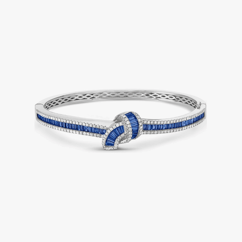 Diamond and Blue Sapphire Baguette Embrace Bangle Bracelet 