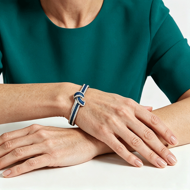 Diamond and Blue Sapphire Baguette Embrace Bangle Bracelet 