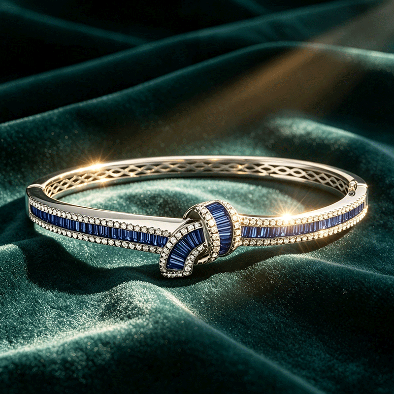 Diamond and Blue Sapphire Baguette Embrace Bangle Bracelet 