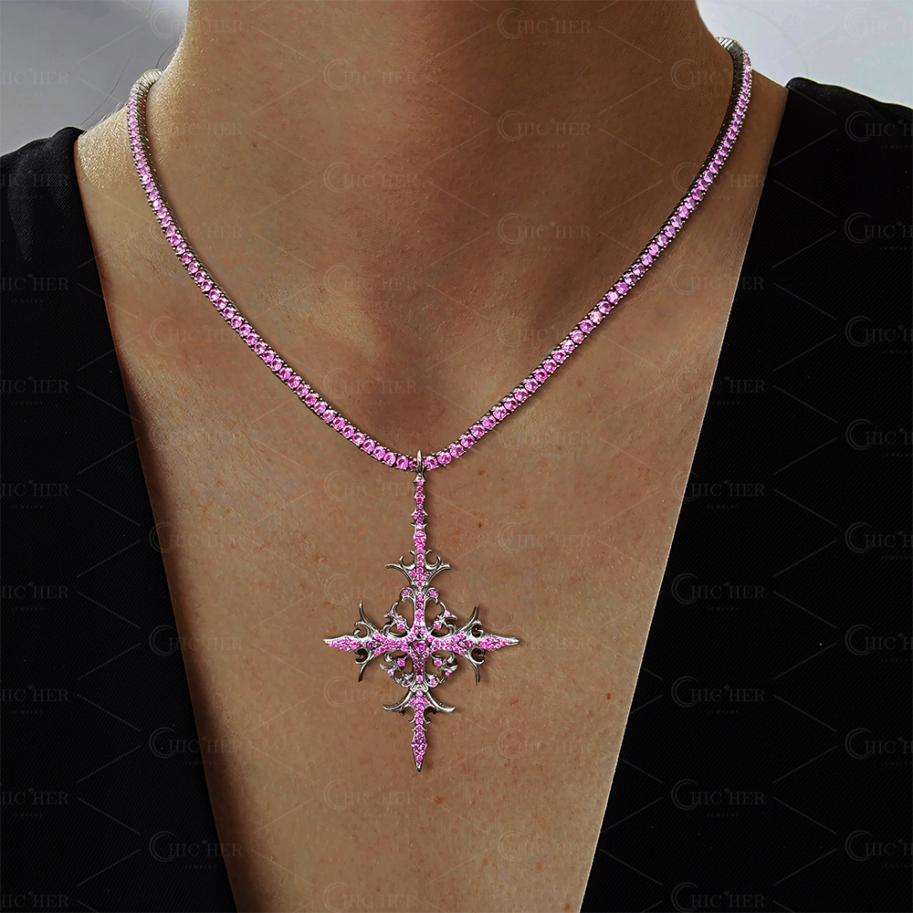 Hip Hop Purple Sapphire Cross Pendant Necklace for Men