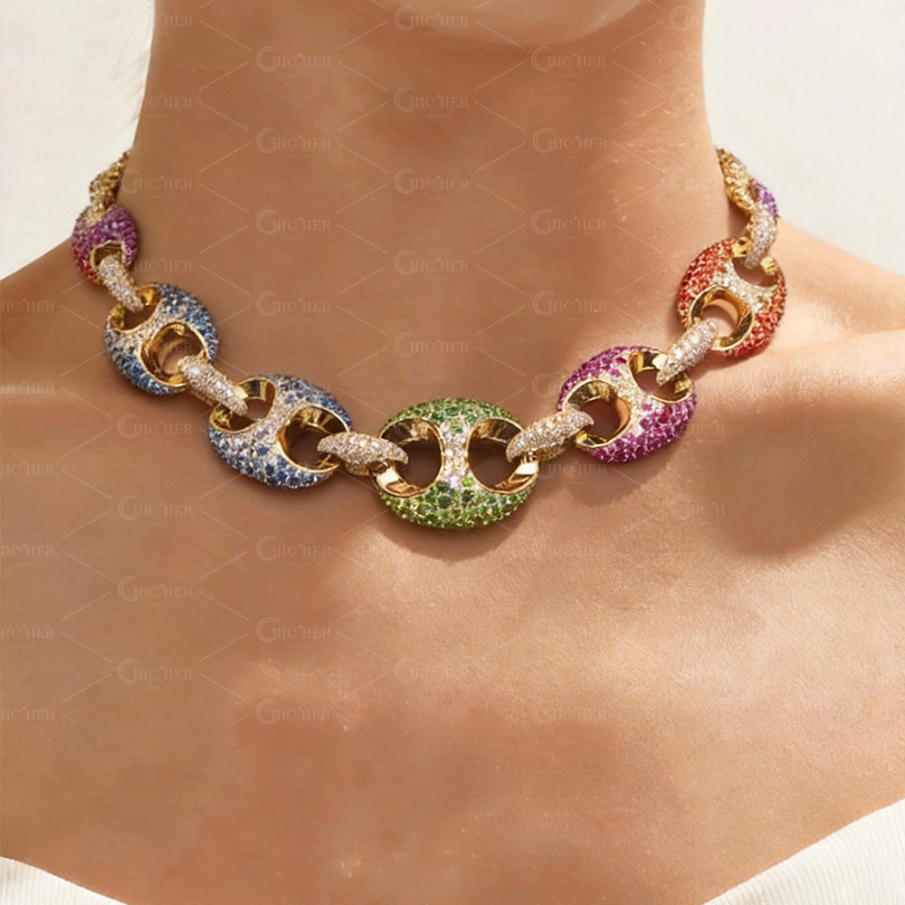 Round Cut Multi-Color Sapphire Bold Hip-Hop Necklace