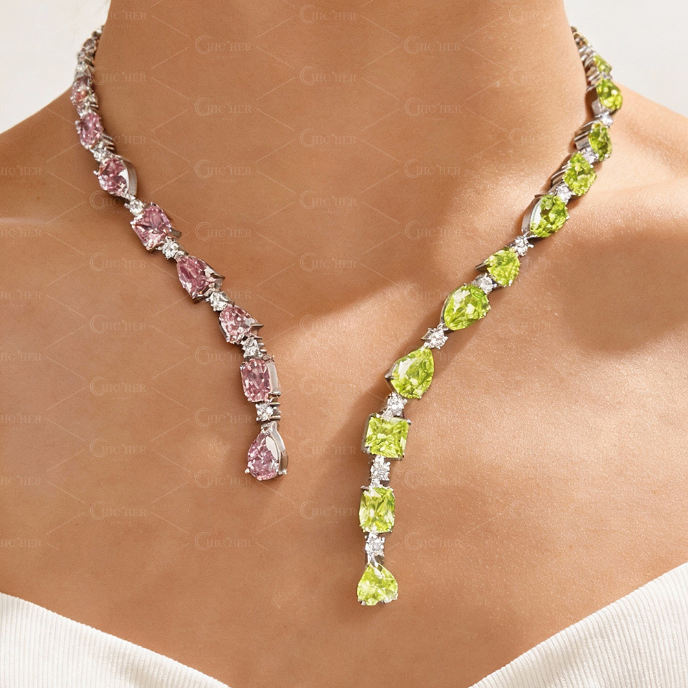Open Design Multi-Cut Pink&Peridot Sapphire Necklace
