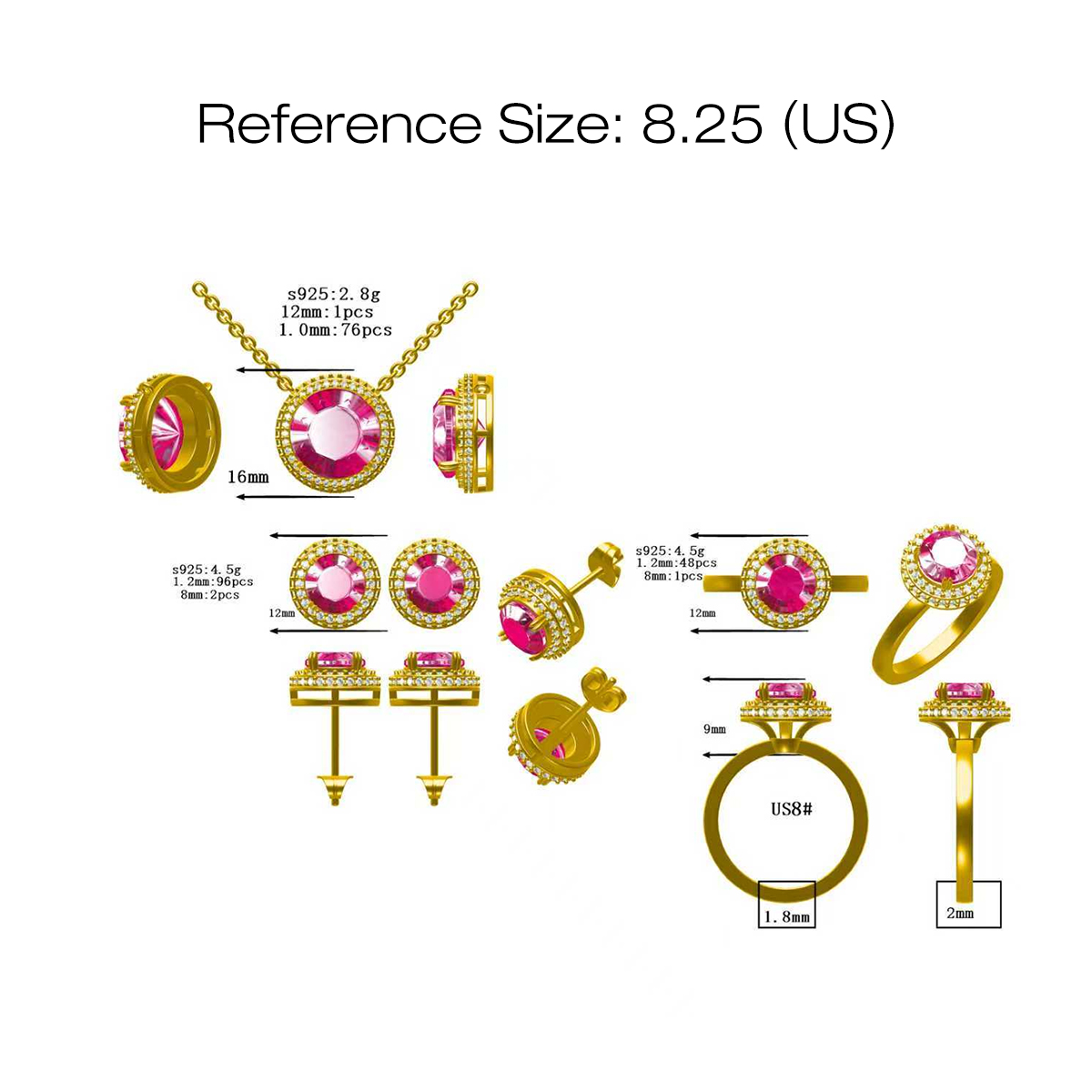 Round Cut Garnet & White Sapphire Wedding Set / 3-Piece