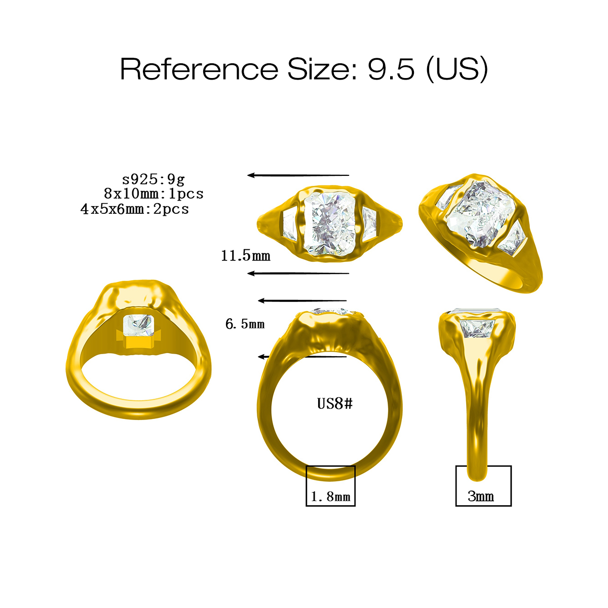 3ct Cushion Cut White Sapphire Three Stone Ring