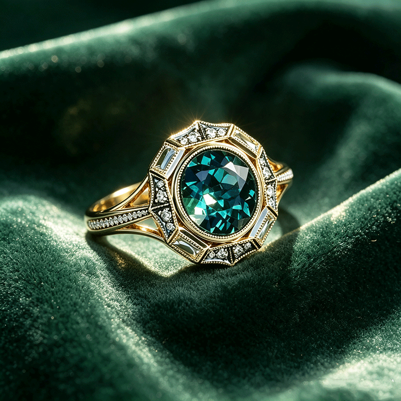 Vintage Octagonal 4ct Round Cut Teal Sapphire Statement Ring
