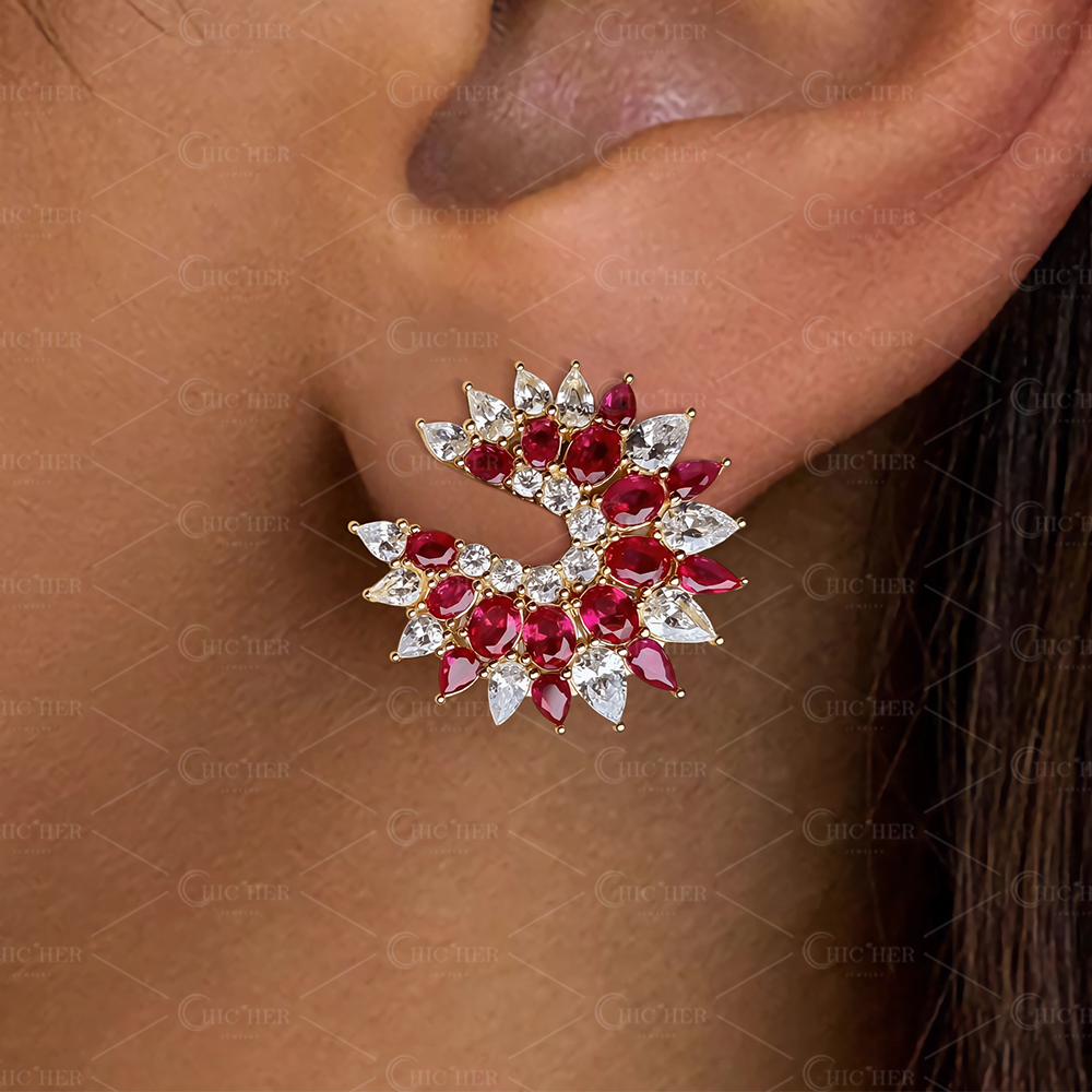 Cascading Ruby & Diamond Cluster Necklace-Earring Set