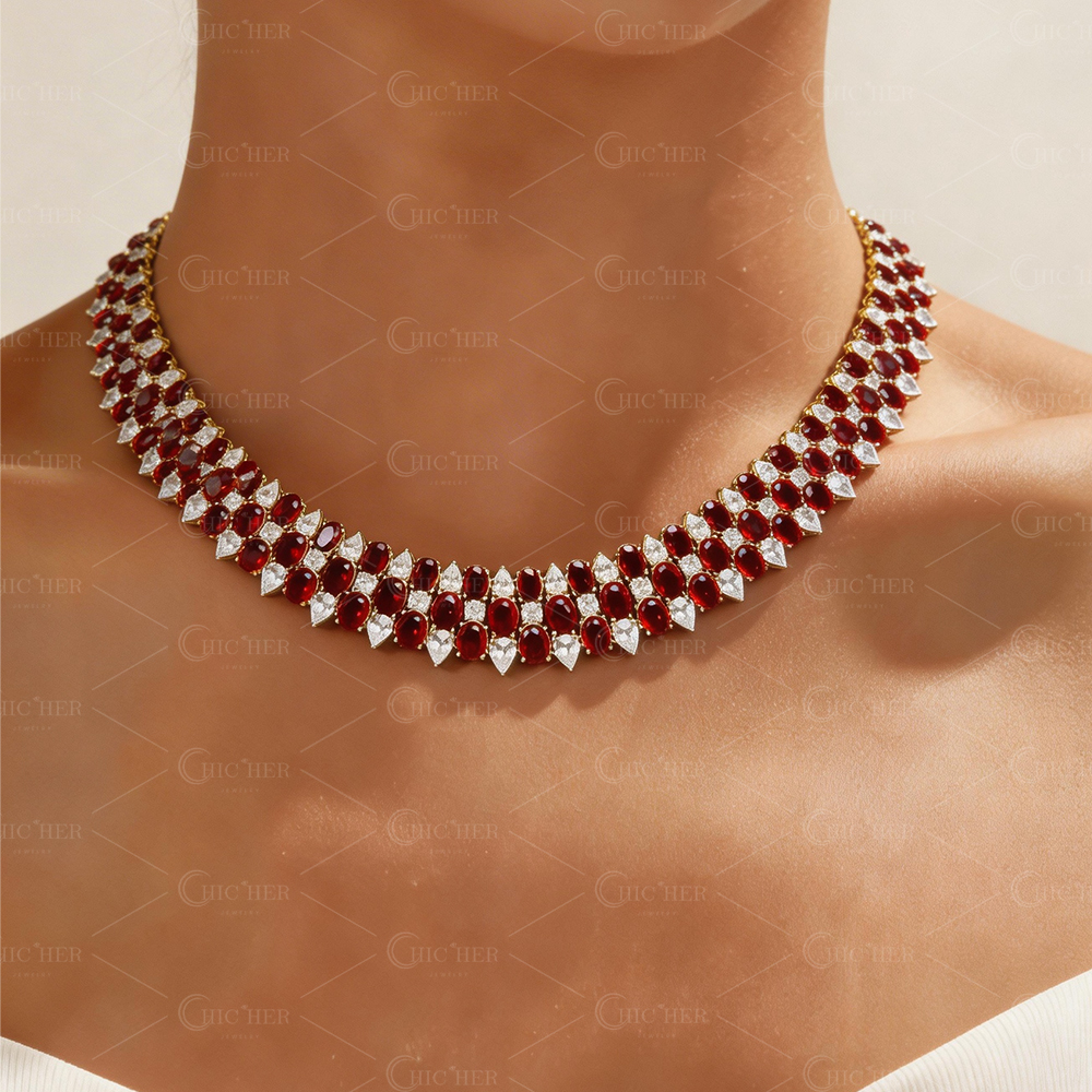 Cascading Ruby & Diamond Cluster Necklace-Earring Set