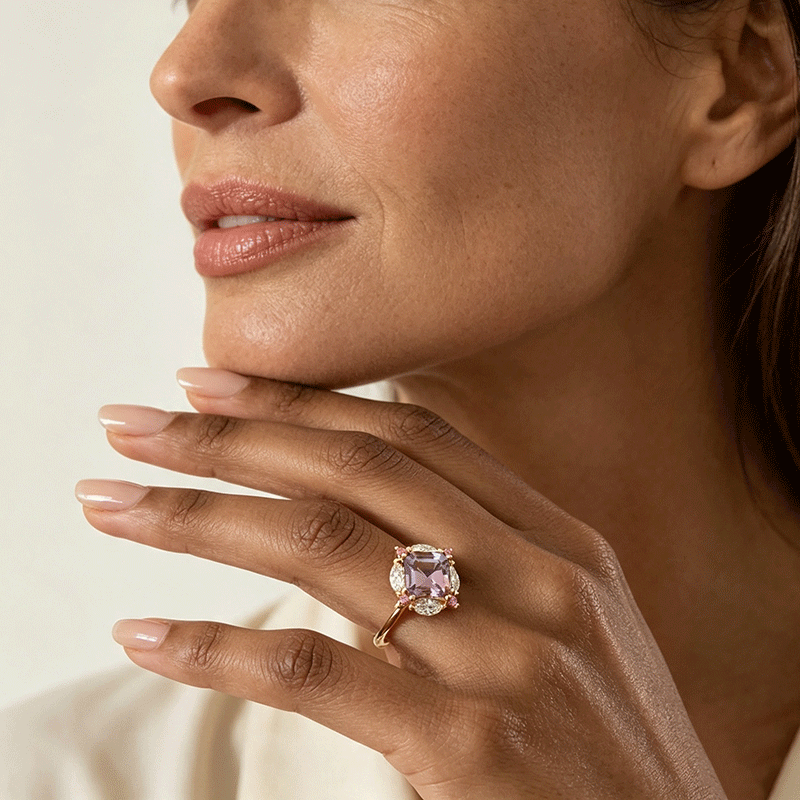 Asscher Cut Lavender Spinel & Multi-Stone Halo Ring