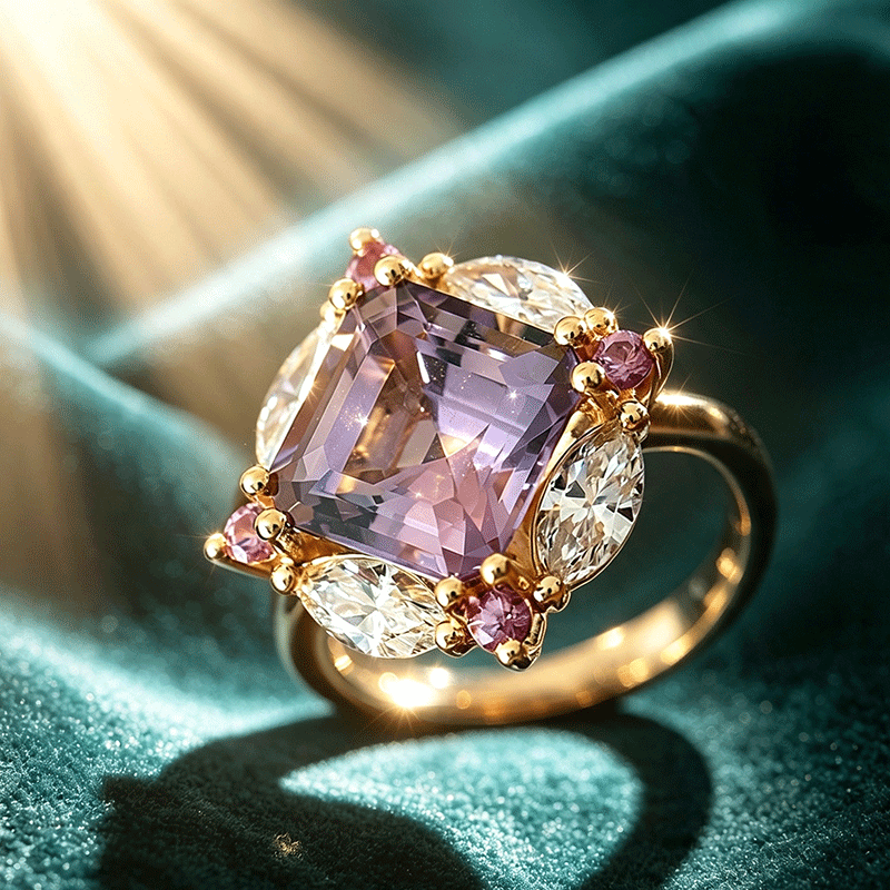 Asscher Cut Lavender Spinel & Multi-Stone Halo Ring