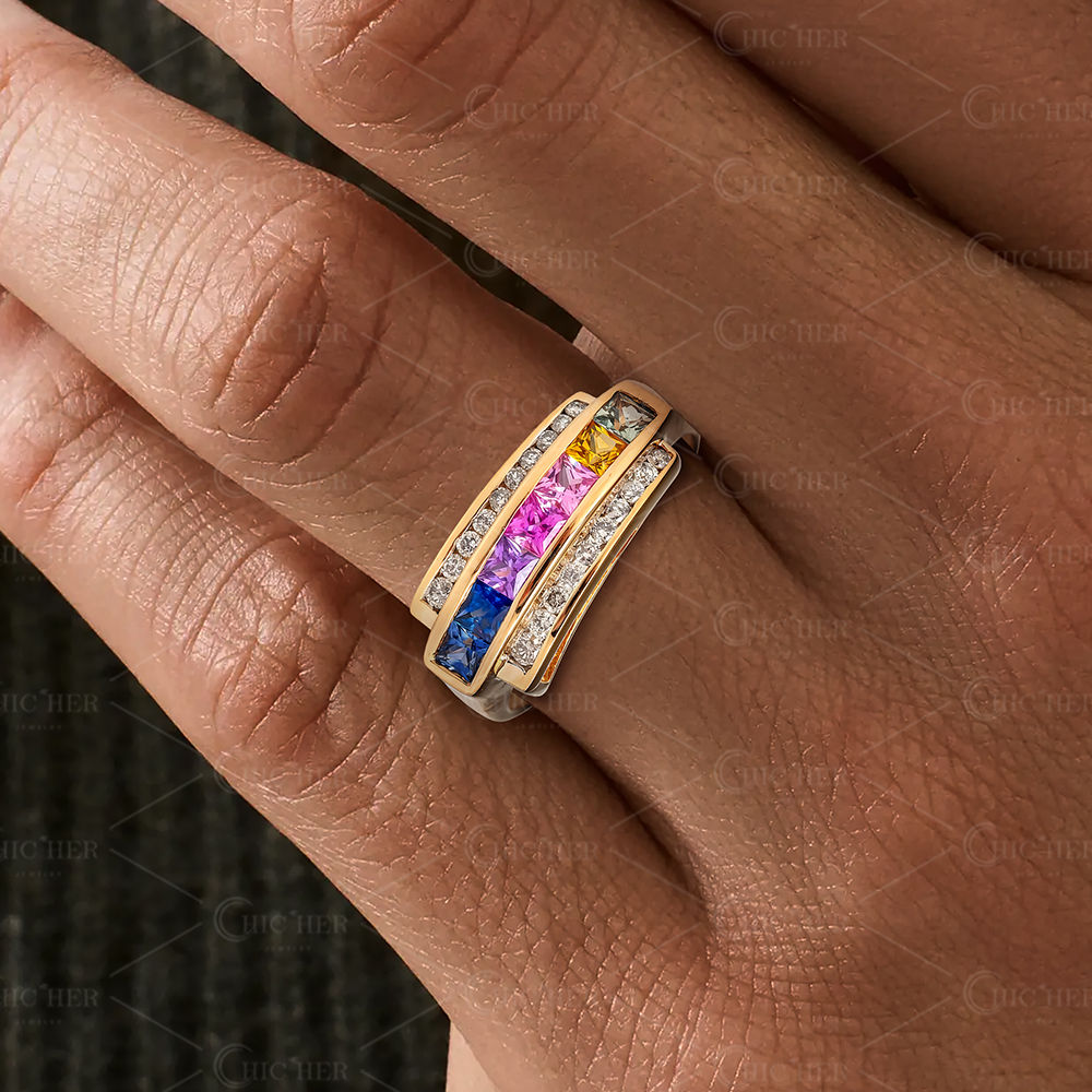 3.75ct Princess Cut Rainbow Sapphire Eternity Ring