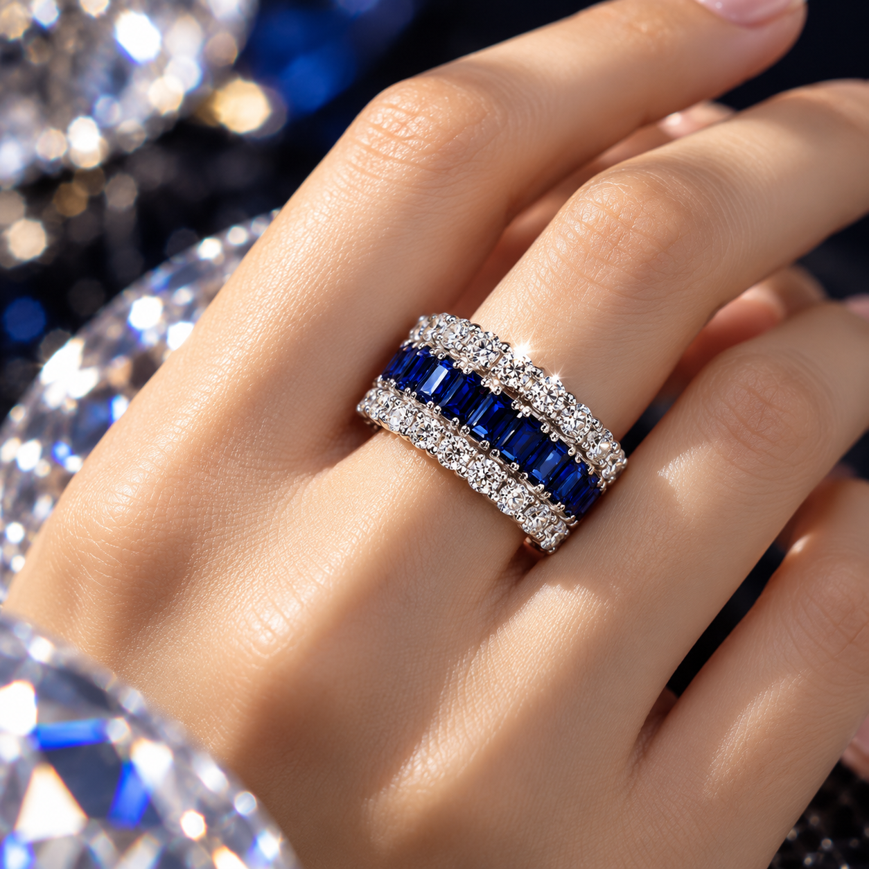 7.35ct Emerald Cut Blue Sapphire Eternity Ring